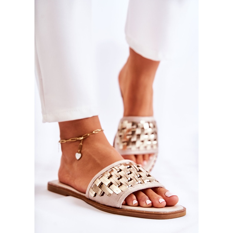 S.Barski Kvinnors lädertofflor på en platt klack Beige Hollis 2