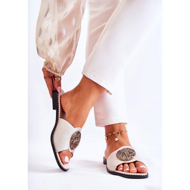 S.Barski Kvinnors skinntofflor med gyllene Colene dekoration 2