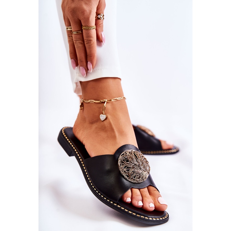 S.Barski Lädertofflor för kvinnor med svart Colene-prydnad 1