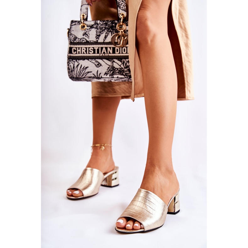 PA2 Läder Kvinnors Tofflor Krokodil mönster på häl Golden Perry gyllene 1