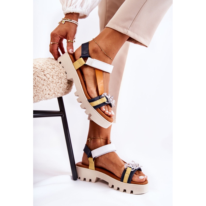 Lädersandaler med kardborre Maciejka L5009-02 Marinblå-Vit 2