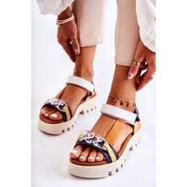 Lädersandaler med kardborre Maciejka L5009-02 Marinblå-Vit 1