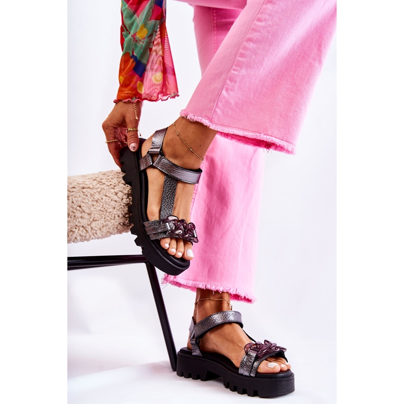 Lädersandaler med kardborre Maciejka L5009-41 Mörk silver silver- 1