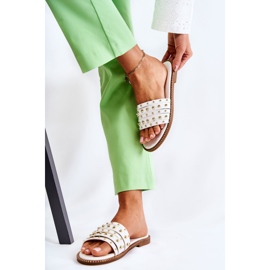 S.Barski Kvinnors skinntofflor med vit Brien-dekoration 2