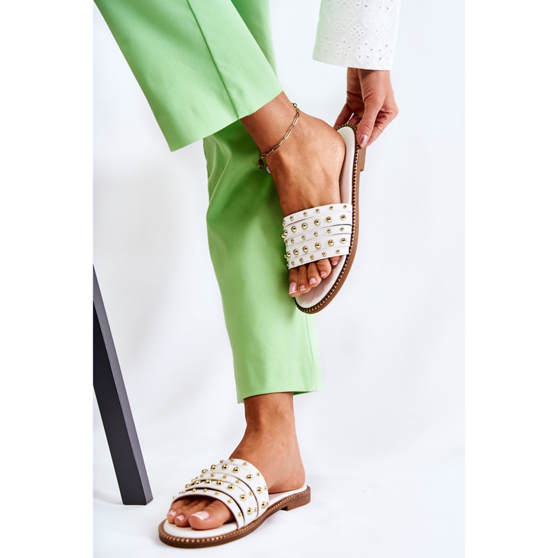 S.Barski Kvinnors skinntofflor med vit Brien-dekoration 2