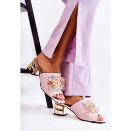 PA2 Lädertofflor för kvinnor på höga klackar med rosa Calinda-dekoration 2