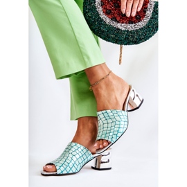 Läder Kvinnors Tofflor Krokodil På Klack Ljusgrön Perry 2