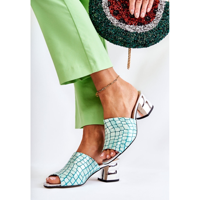 Läder Kvinnors Tofflor Krokodil På Klack Ljusgrön Perry 2