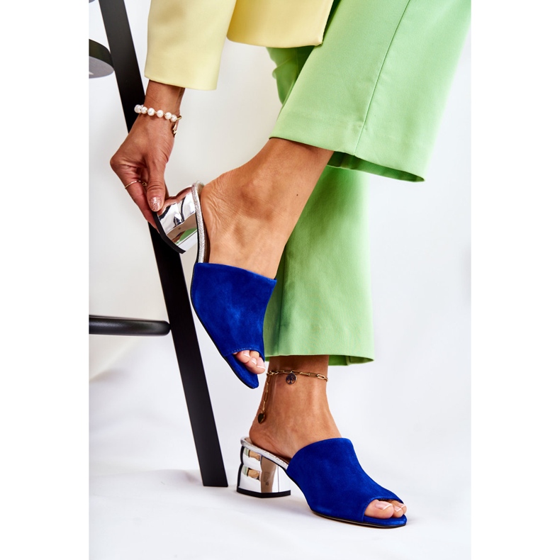 PA2 Damtofflor i mocka på klack Marinblå Perry silver- 1