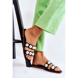 PG1 Skinntofflor för kvinnor med dekorativa pärlor Svart Lasello 1