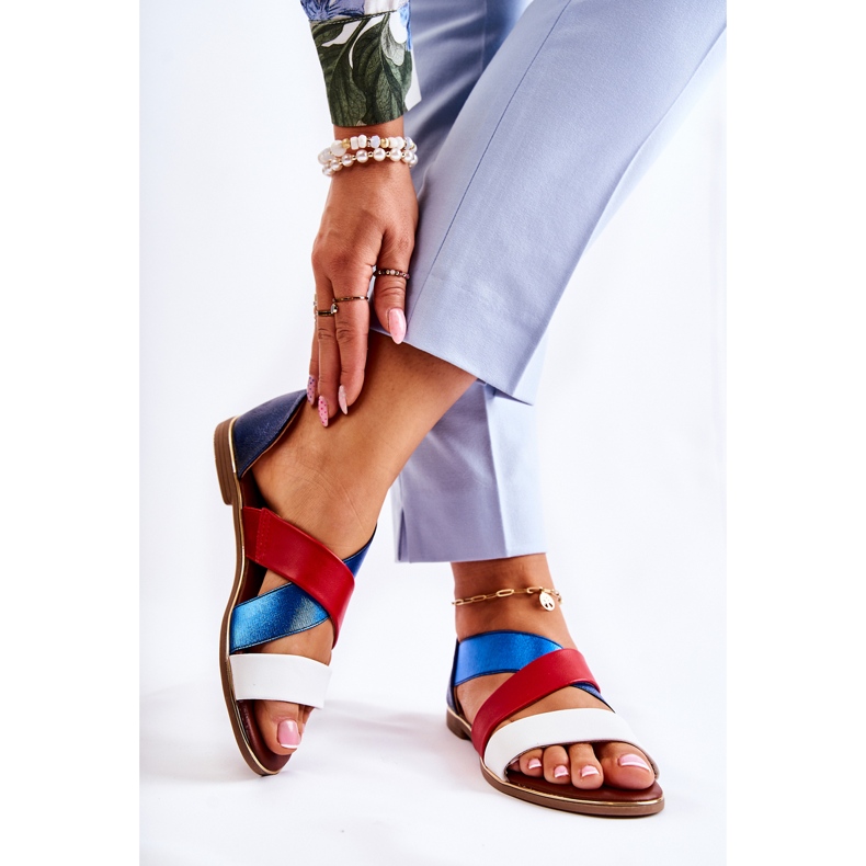 PE1 Lädersandaler med ribbad Apuliablå vit röd marinblå 2
