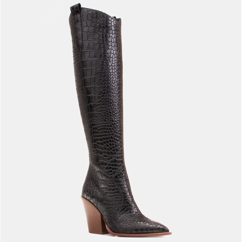 Marco Shoes Höga stövlar för cowboystövlar för kvinnor, croco -mönster svart 1