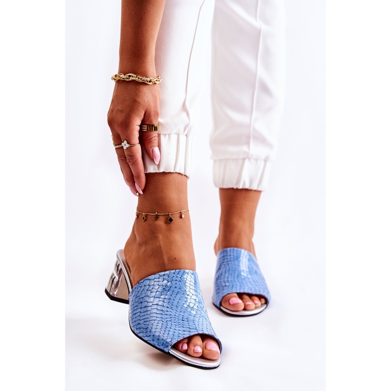 Läder Kvinnors Tofflor Krokodil mönster på häl Blå Perry 1