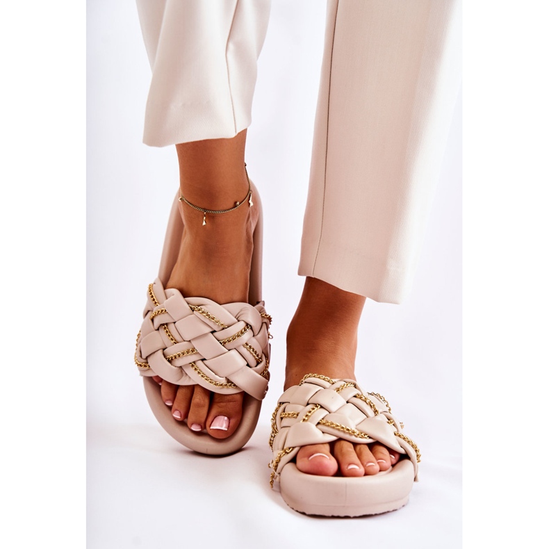 PS1 Lädertofflor för kvinnor med kedja Beige Soline 1