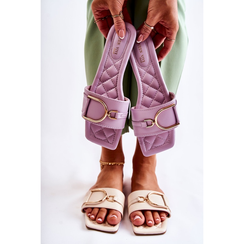 Klassiska lädertofflor för kvinnor med violett shilladekoration 1