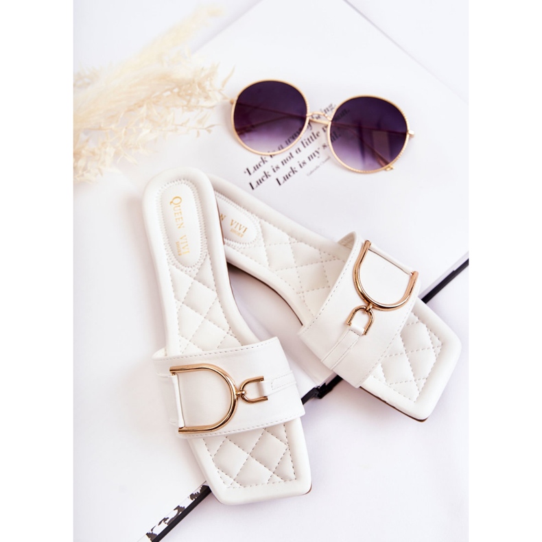 PG2 Klassiska lädertofflor för kvinnor med vit Shilla-dekoration gyllene 1