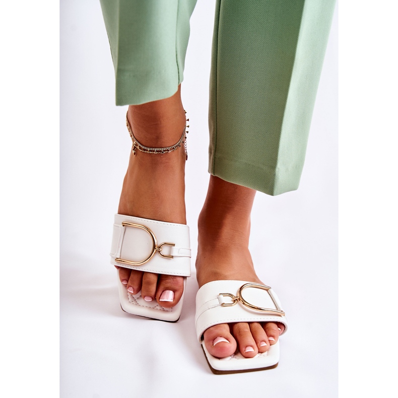 PG2 Klassiska lädertofflor för kvinnor med vit Shilla-dekoration gyllene 2