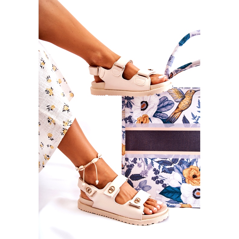 S.Barski Lädersandaler för kvinnor med dekoration, beige 4