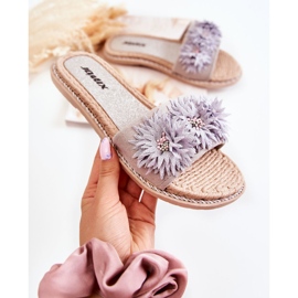 WJ1 Damtofflor med tygblommor Grå Susana 1