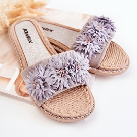 WJ1 Damtofflor med tygblommor Grå Susana 2