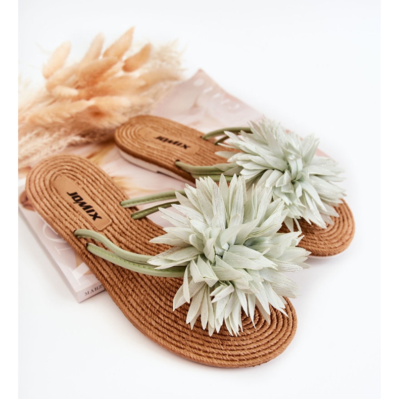 Damtofflor med grön tygprydnad Eviana 1