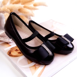 S.Barski Barnballerinor i läder med dekorativ rosett Svart Claril 4