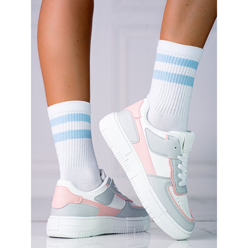 Sneakers med snörning för kvinnor på Shelovet-plattformen gjorda av ekologiskt läder i vitt och grått rosa mångfärgad 1