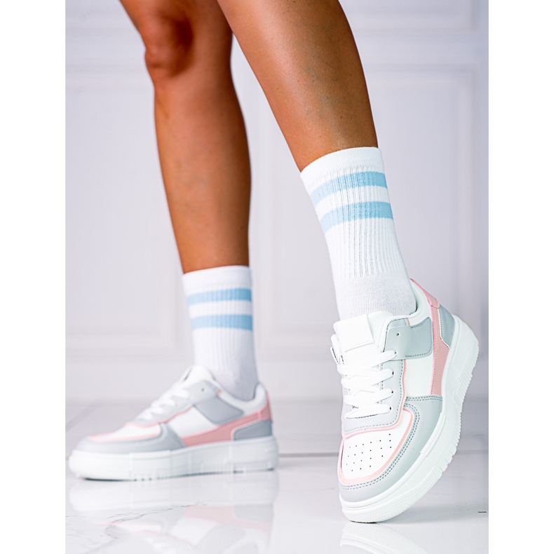 Sneakers med snörning för kvinnor på Shelovet-plattformen gjorda av ekologiskt läder i vitt och grått rosa mångfärgad 2