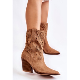 FB1 Fashionabla Cowboystövlar i mocka med kamelkoralieblommor brun 1