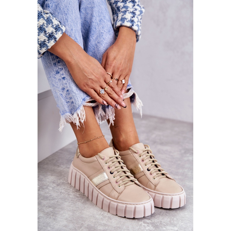 PA2 Kvinnors sportläderskor knutna beige-guld Ariva brun 1