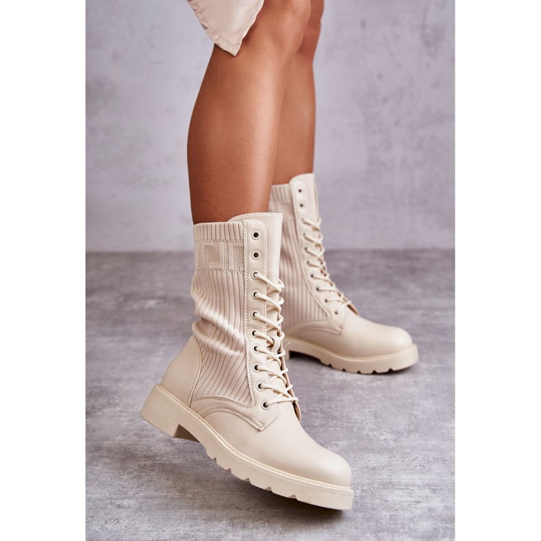 FS1 Ankelstövlar för kvinnor med en strumpa på en platt klack Beige Liam brun 2