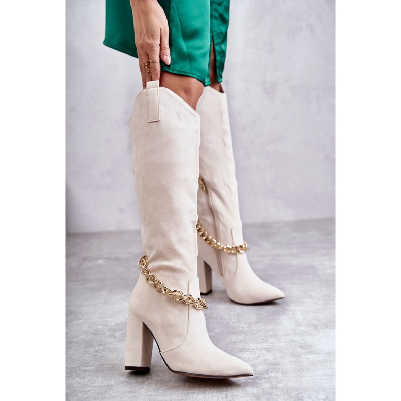 PG1 Mocka varma stövlar för kvinnor med kedja Ljusbeige Jasmin 1
