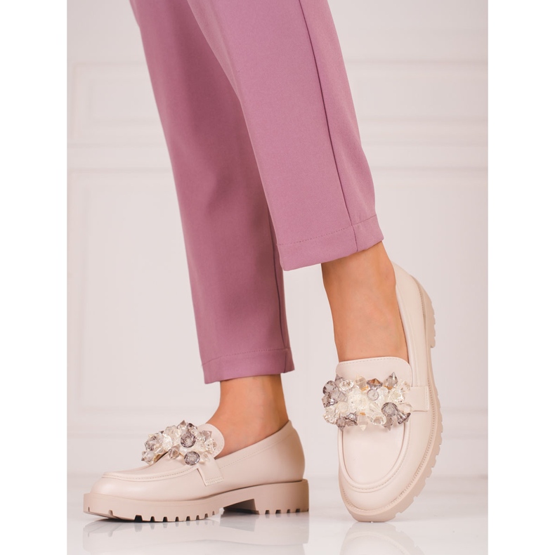 Shelovet mocka loafers för kvinnor med beige kristaller 1