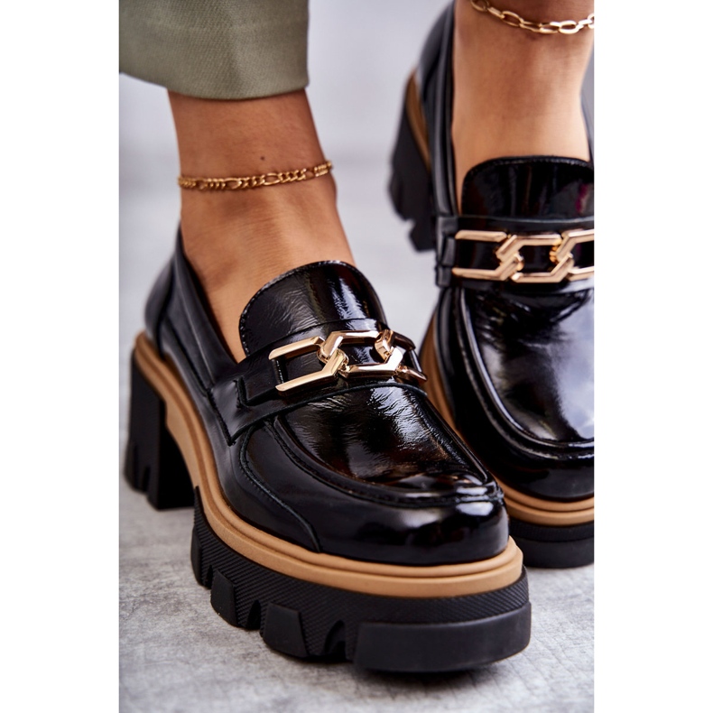 PL5 Lackade högklackade klackar med guldprydnad Svarta lurdar 1