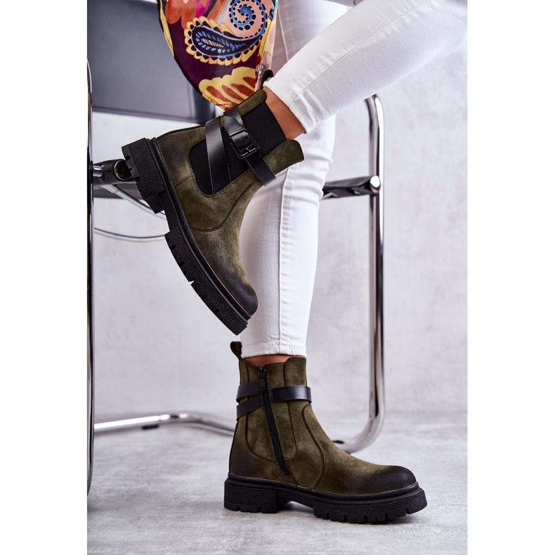 FE1 Kvinnors varma stövlar Jodhpur stövlar med ett bälte Grönt Jose M619 4