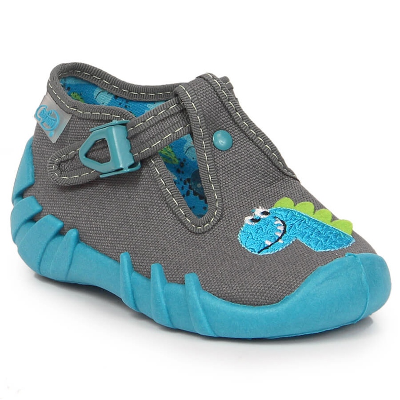 Pojktofflor spänne med grå Befado dinosaurie 1