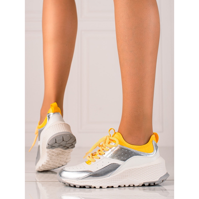 Goodin Snygga lädersneakers vit silver- gul 2