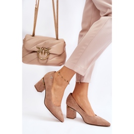 PS1 Klassiska mocka högklackade pumps med beige Derren utsmyckningar brun 2