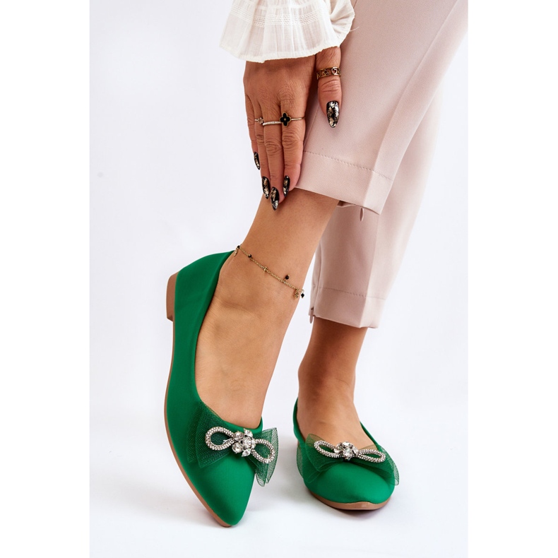 PS1 Spetsiga ballerinor för kvinnor med en dekorativ rosett grön lysande 1