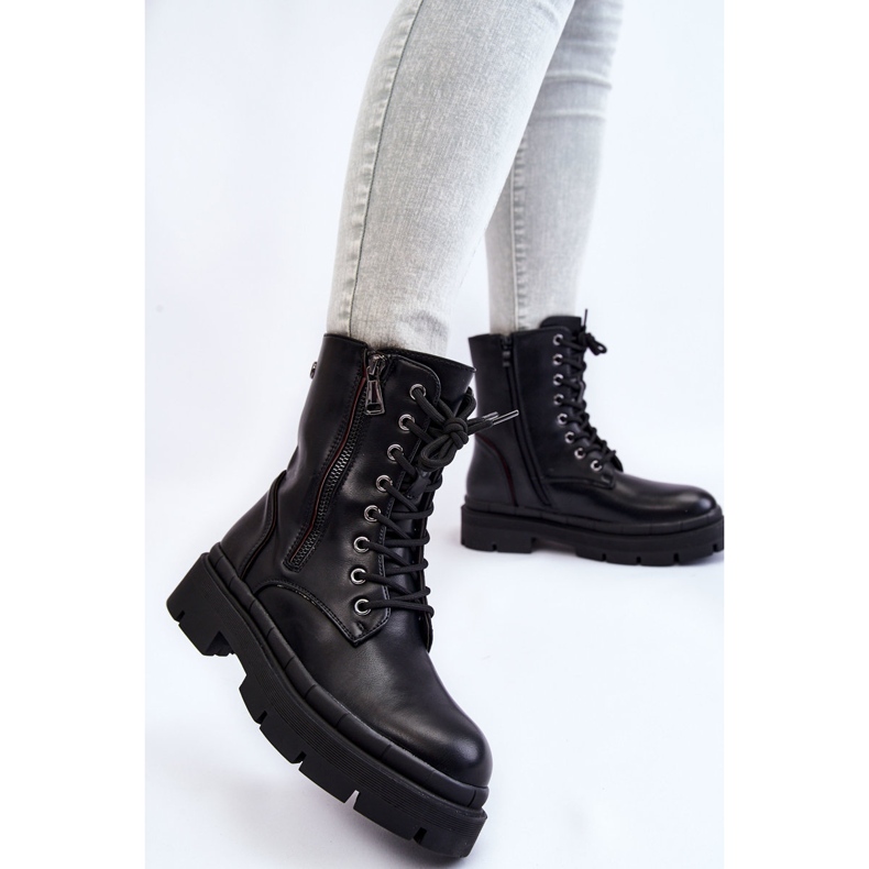 PG1 Dam Läder Lace Up Trapper Boots Svart Shanna 2