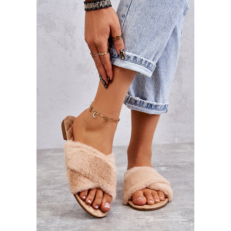 PA1 Platta klackar för kvinnor med naken Lussie-päls beige 1