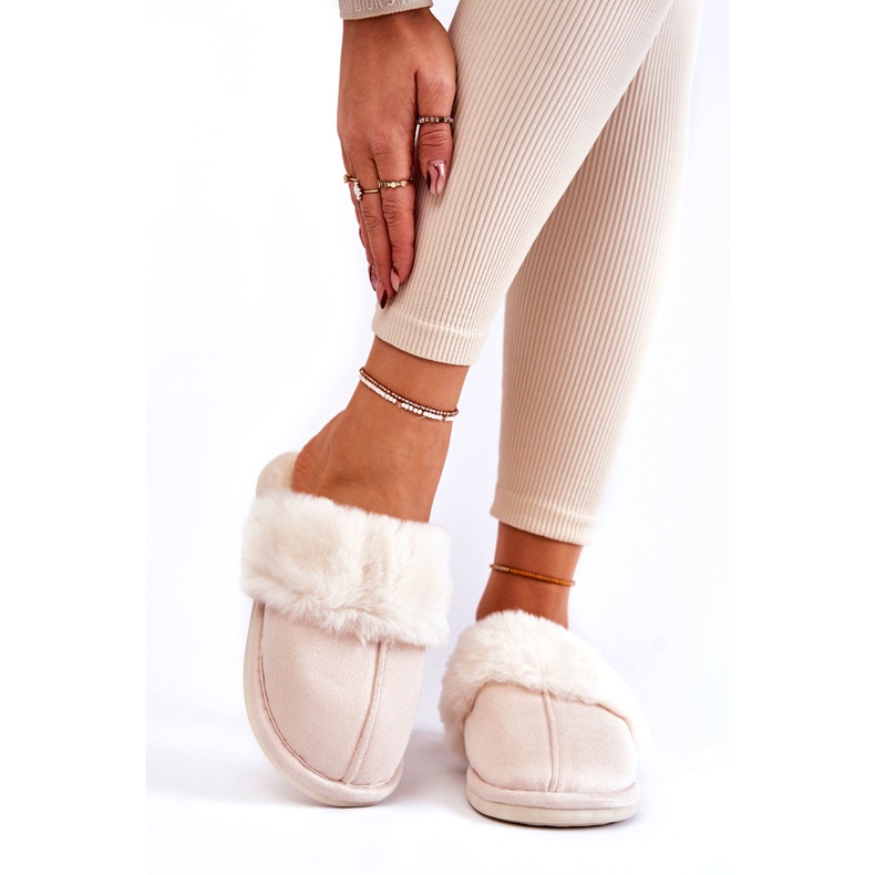 Kvinnors släta tofflor med ljus beige päls 1