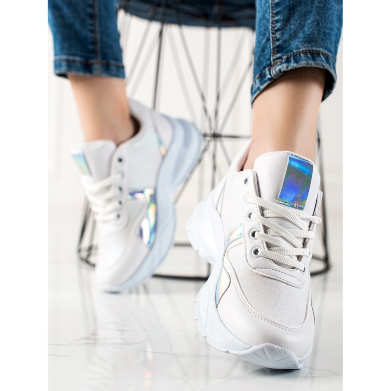 TRENDI Sneakers med glitter vit silver- 1