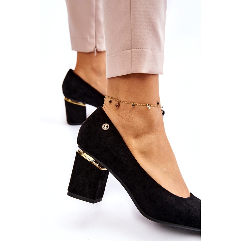 PS1 Klassiska mocka högklackade pumps med svart Derren-dekoration 2