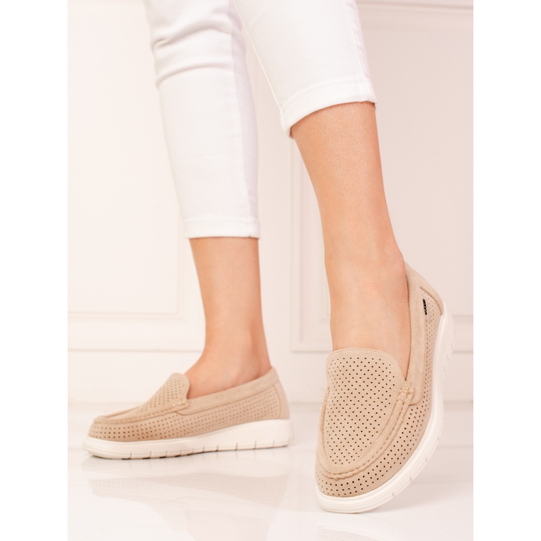 Beige Shelovet genombrutna loafers för kvinnor 1
