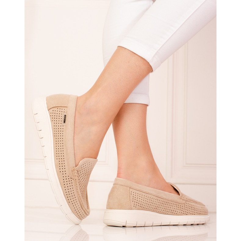 Beige Shelovet genombrutna loafers för kvinnor 2