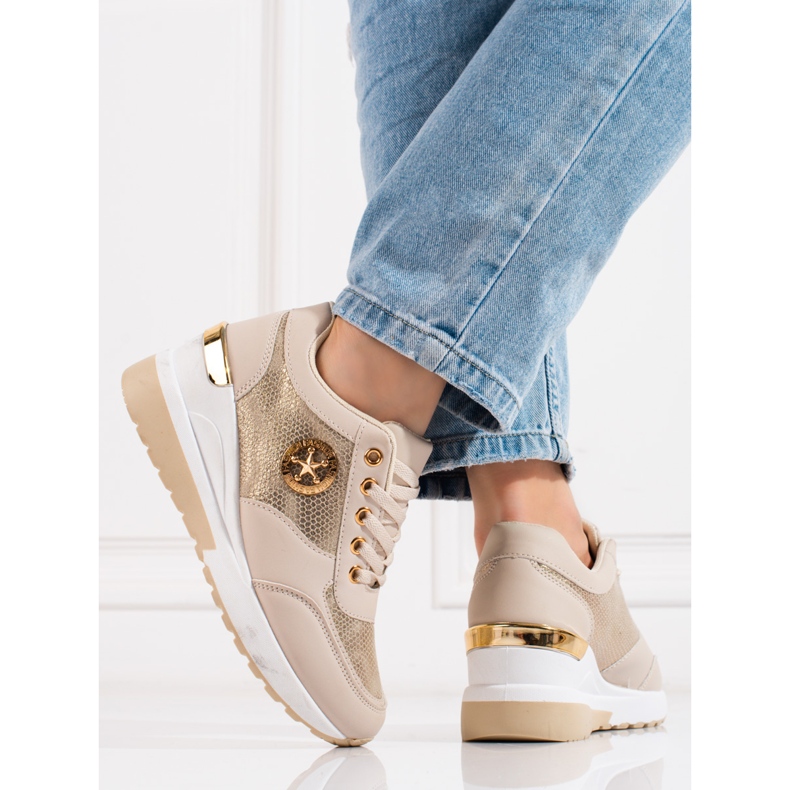 Shelovet wedge sneakers för kvinnor beige gyllene 2
