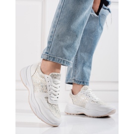 Shelovet sportskor för kvinnor med ett glänsande mönster vit silver- 2