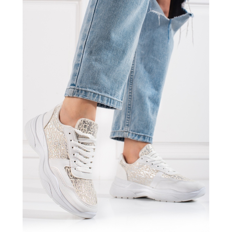 Shelovet sportskor för kvinnor med ett glänsande vitt mönster silver- 1