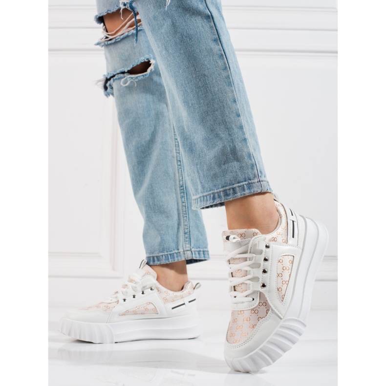 Vita Shelovet sportskor för kvinnor med tjock sula beige gyllene 1